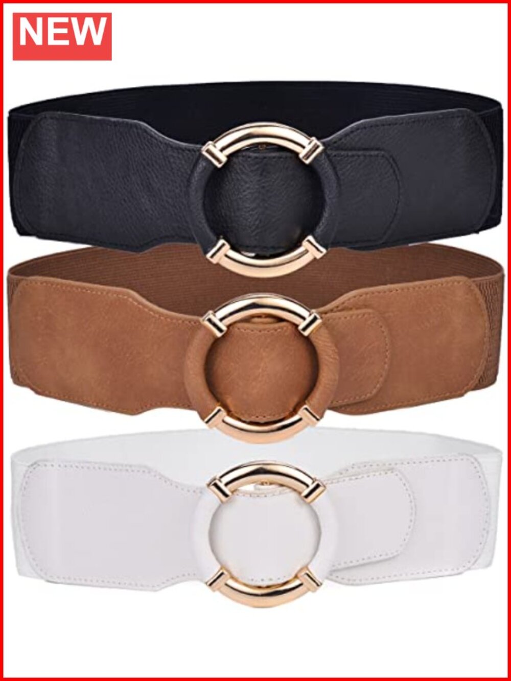 Wide Elastic Waist Belt PU Leather Gold O Buckle Cinch Dress Belt